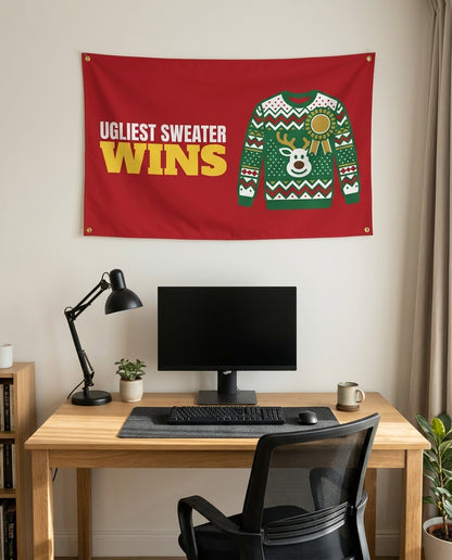Ugliest Sweater Wins 3x5 flag on a home office wall