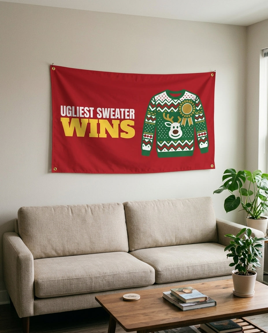 Ugliest Sweater Wins flag used as living room wall decor