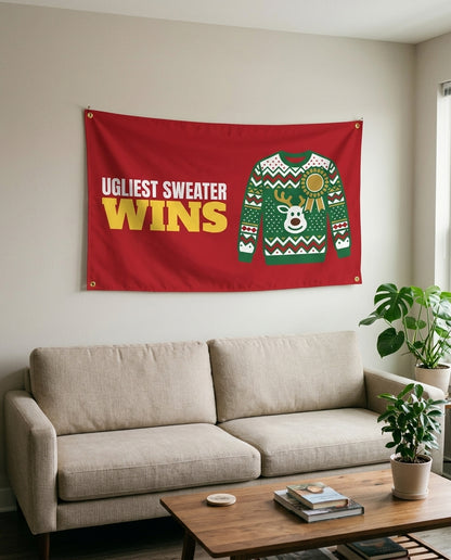 Ugliest Sweater Wins flag used as living room wall decor