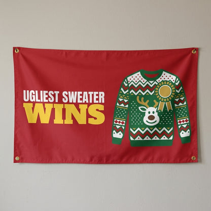 Ugliest Sweater Wins flag 3x5 in red with a holiday sweater with a ribbon, hung on a wall