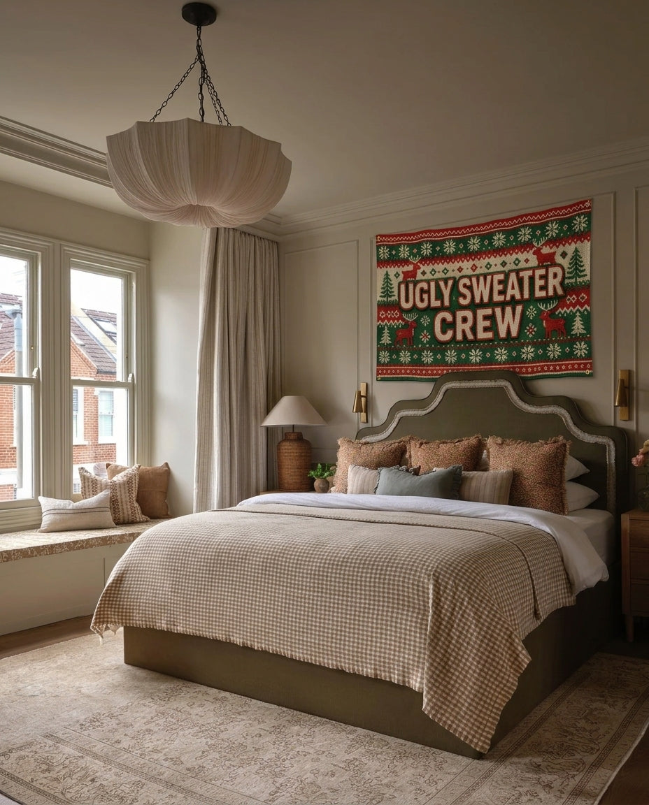 Ugly Sweater Crew Christmas wall flag hanging in a bedroom