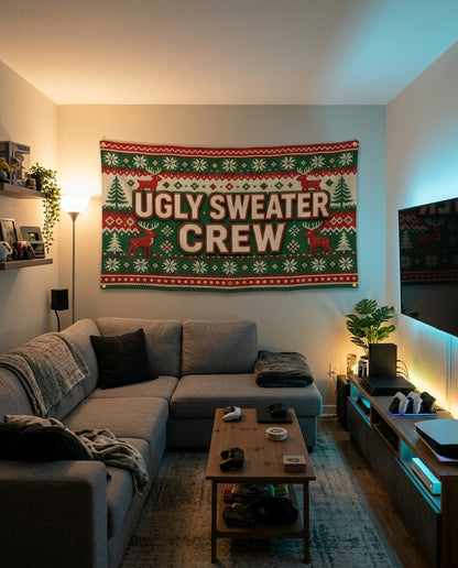 Ugly Sweater Crew flag decorating a game room wall