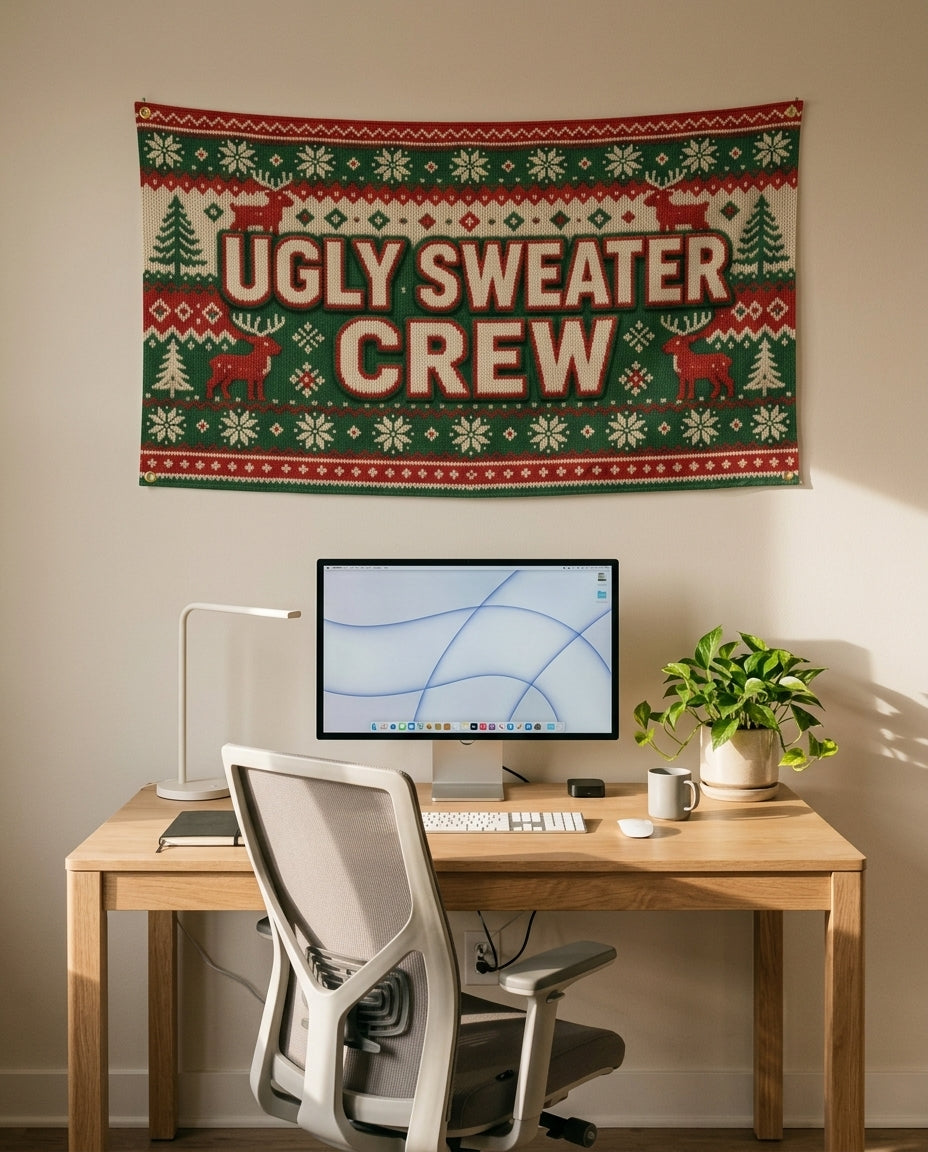 Ugly Sweater Crew 3x5 flag on a home office wall