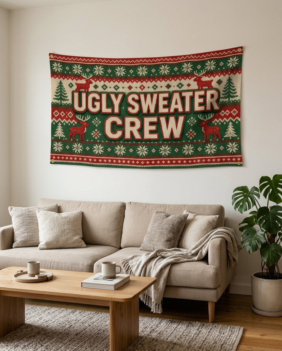 Ugly Sweater Crew flag used as holiday living room wall decor