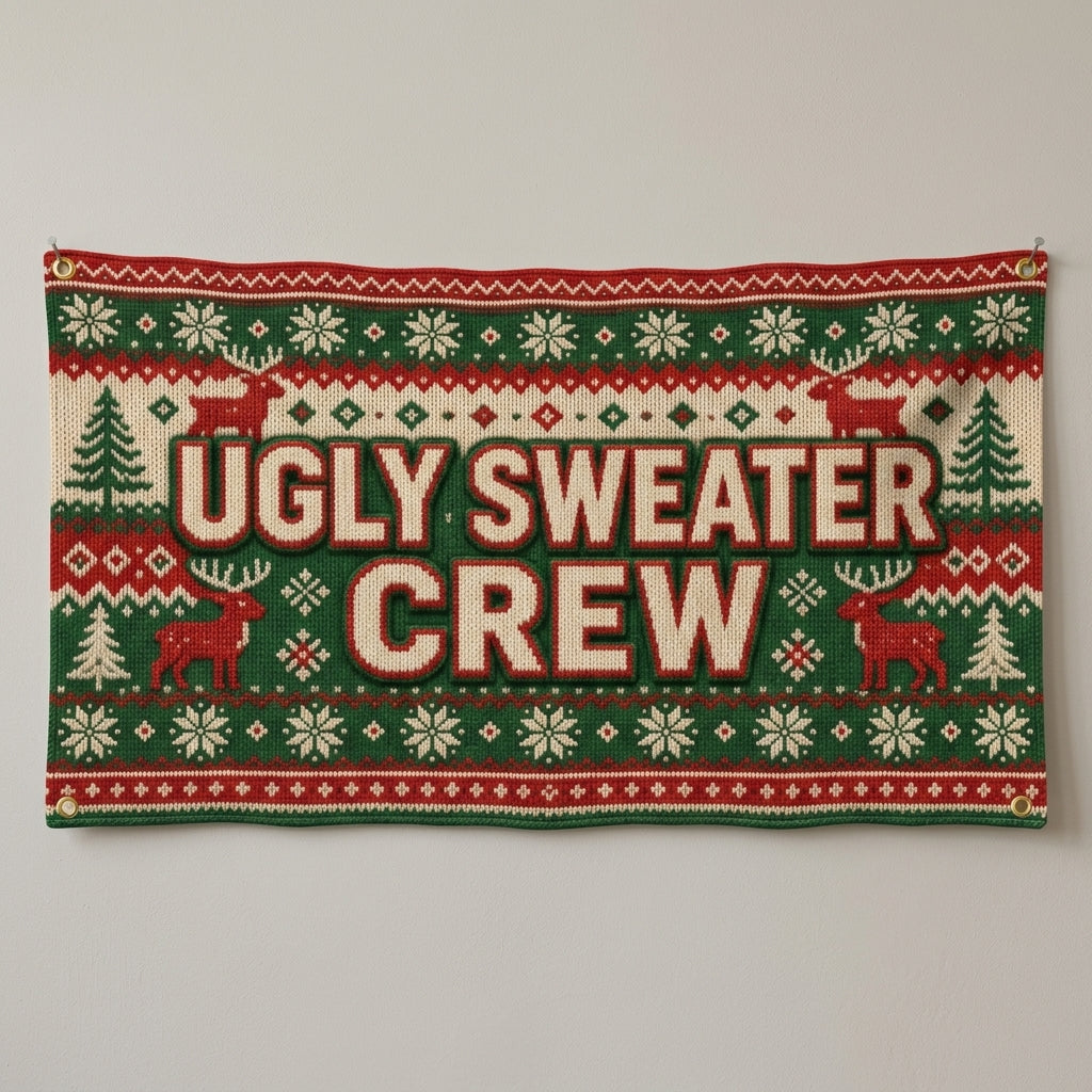 Ugly Sweater Crew flag 3x5 in a red and green knit sweater pattern, hung on a wall