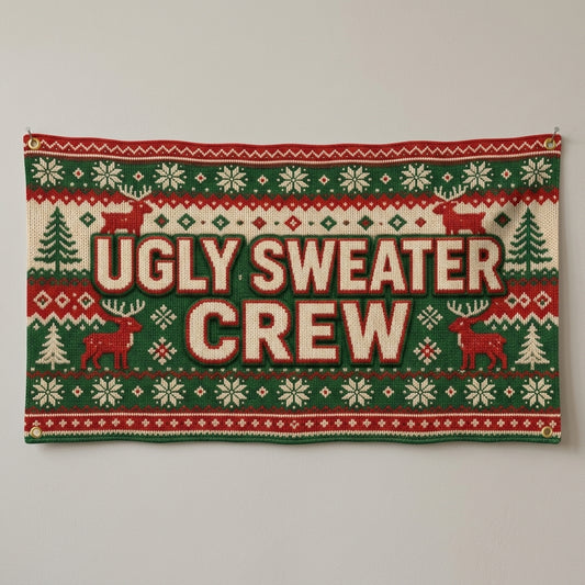 Ugly Sweater Crew flag 3x5 in a red and green knit sweater pattern, hung on a wall