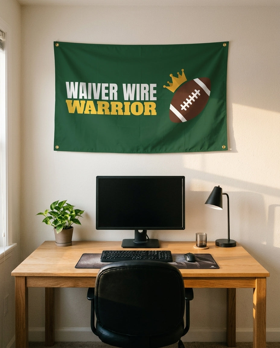 Waiver Wire Warrior 3x5 flag on a home office wall