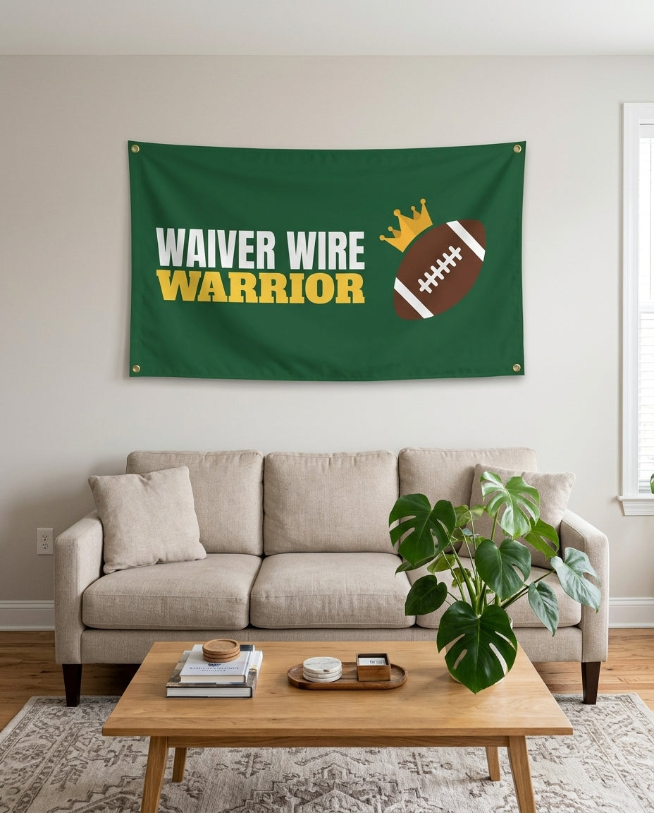 Waiver Wire Warrior flag used as living room wall decor