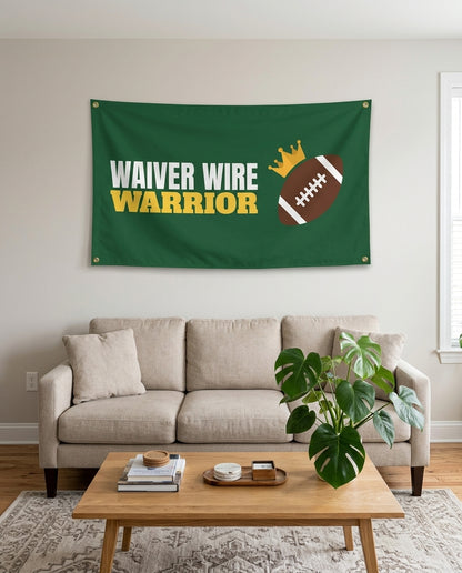 Waiver Wire Warrior flag used as living room wall decor