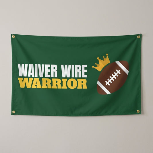 Waiver Wire Warrior flag 3x5 in green with a football wearing a crown, hung on a wall