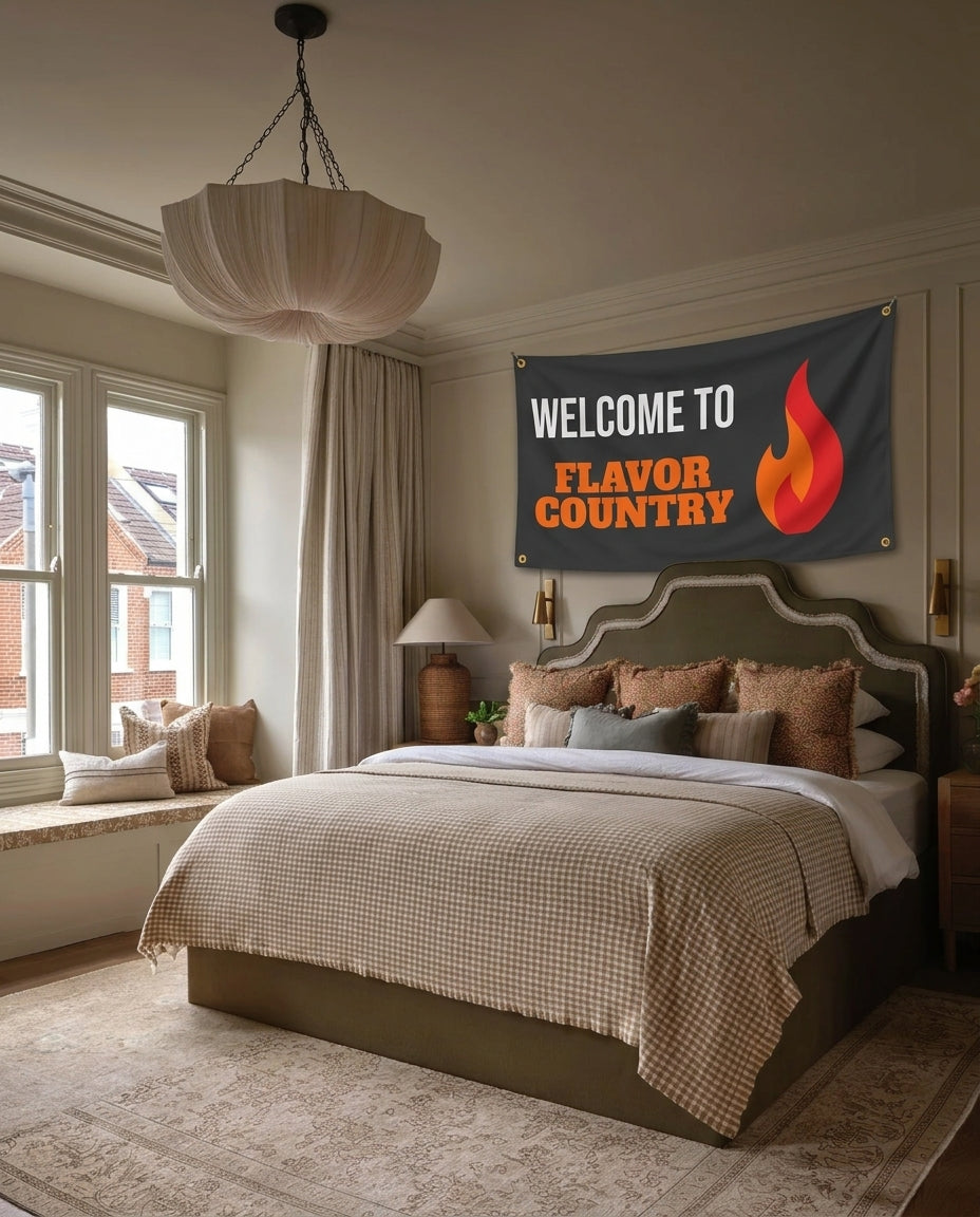 Bring The Heat party wall flag hanging in a bedroom