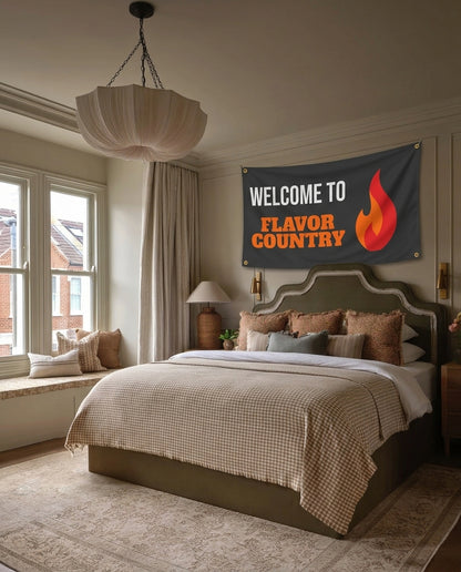Bring The Heat party wall flag hanging in a bedroom
