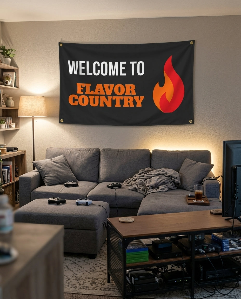 Bring The Heat flag decorating a game room wall
