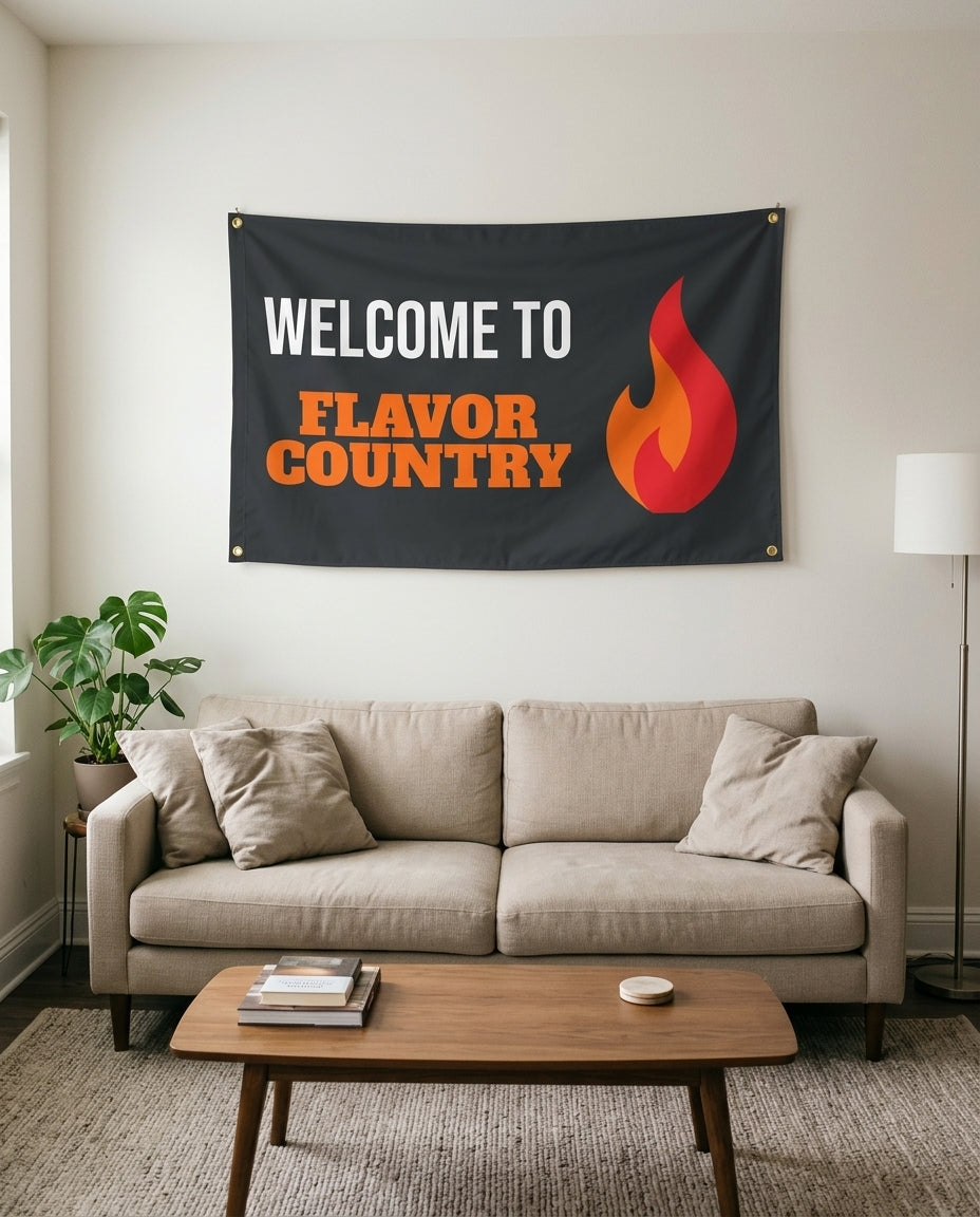 Bring The Heat flag used as living room wall decor