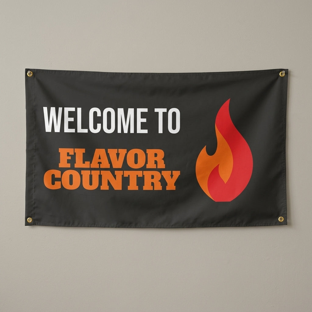 Bring The Heat flag 3x5 in black with a big orange flame, hung on a wall
