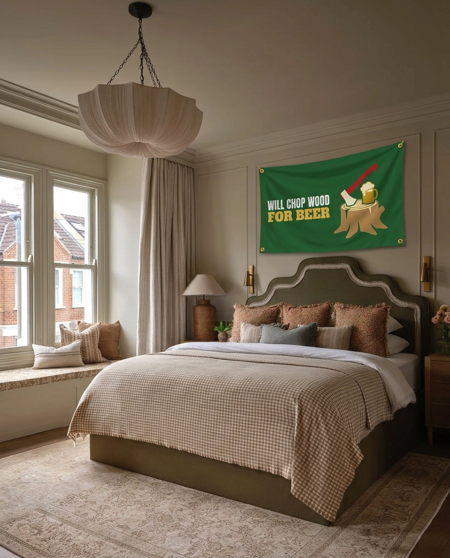 Will Chop Wood For Beer winter wall flag hanging in a bedroom