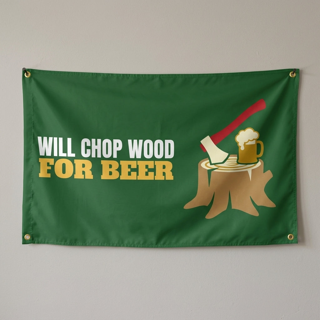 Will Chop Wood For Beer flag 3x5 in dark green with an axe in a stump and a beer mug, hung on a wall