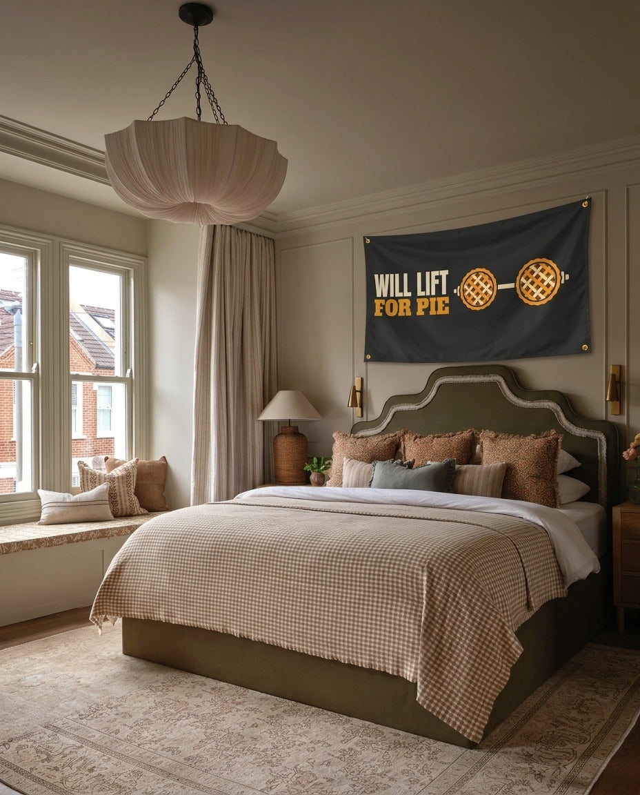 Will Lift For Pie gym wall flag hanging in a bedroom