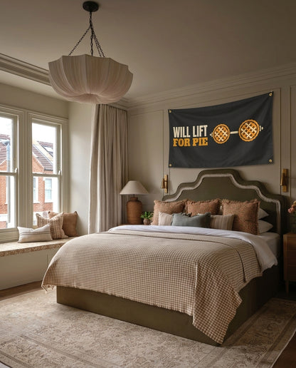 Will Lift For Pie gym wall flag hanging in a bedroom
