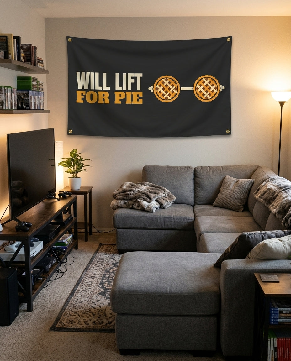 Will Lift For Pie flag decorating a game room wall