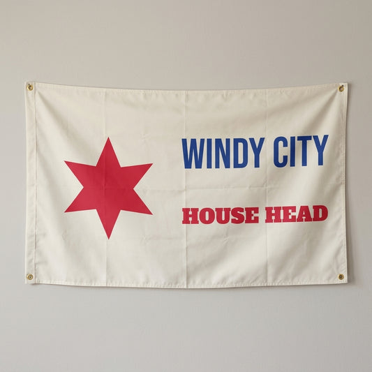 Windy City House Head flag 3x5 in cream with a red six-pointed star, hung on a wall