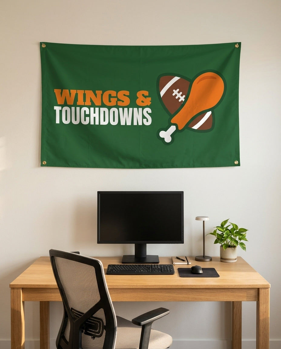 Wings And Touchdowns 3x5 flag on a home office wall