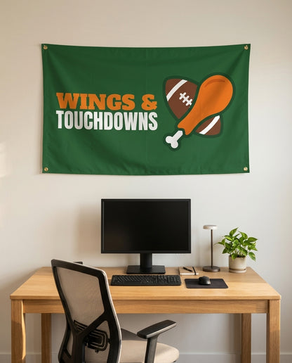 Wings And Touchdowns 3x5 flag on a home office wall