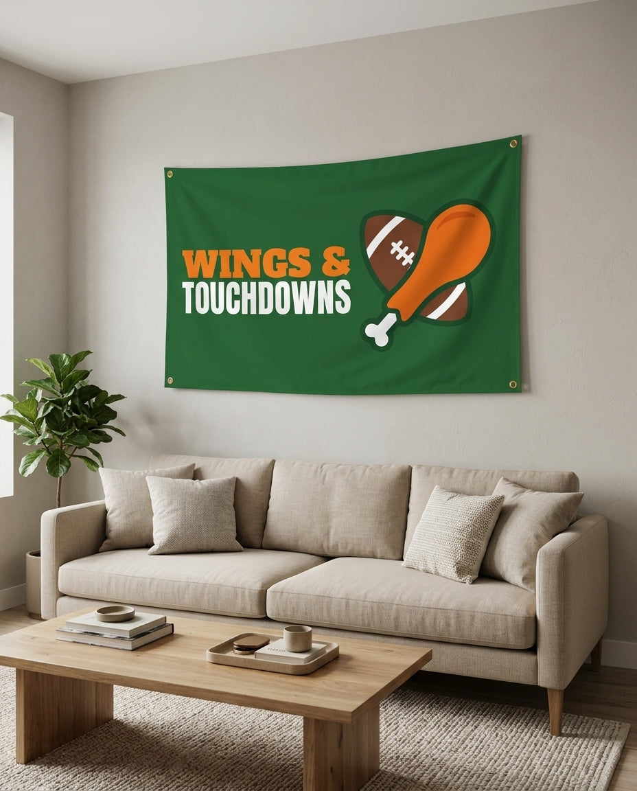 Wings And Touchdowns flag used as living room wall decor