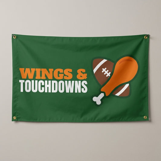 Wings And Touchdowns flag 3x5 in green with a chicken wing and a football, hung on a wall