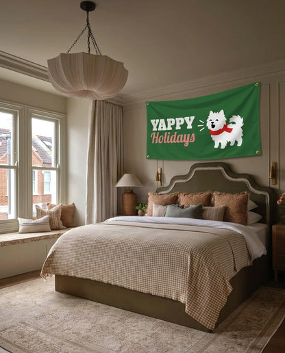 Yappy Holidays dog lover wall flag hanging in a bedroom