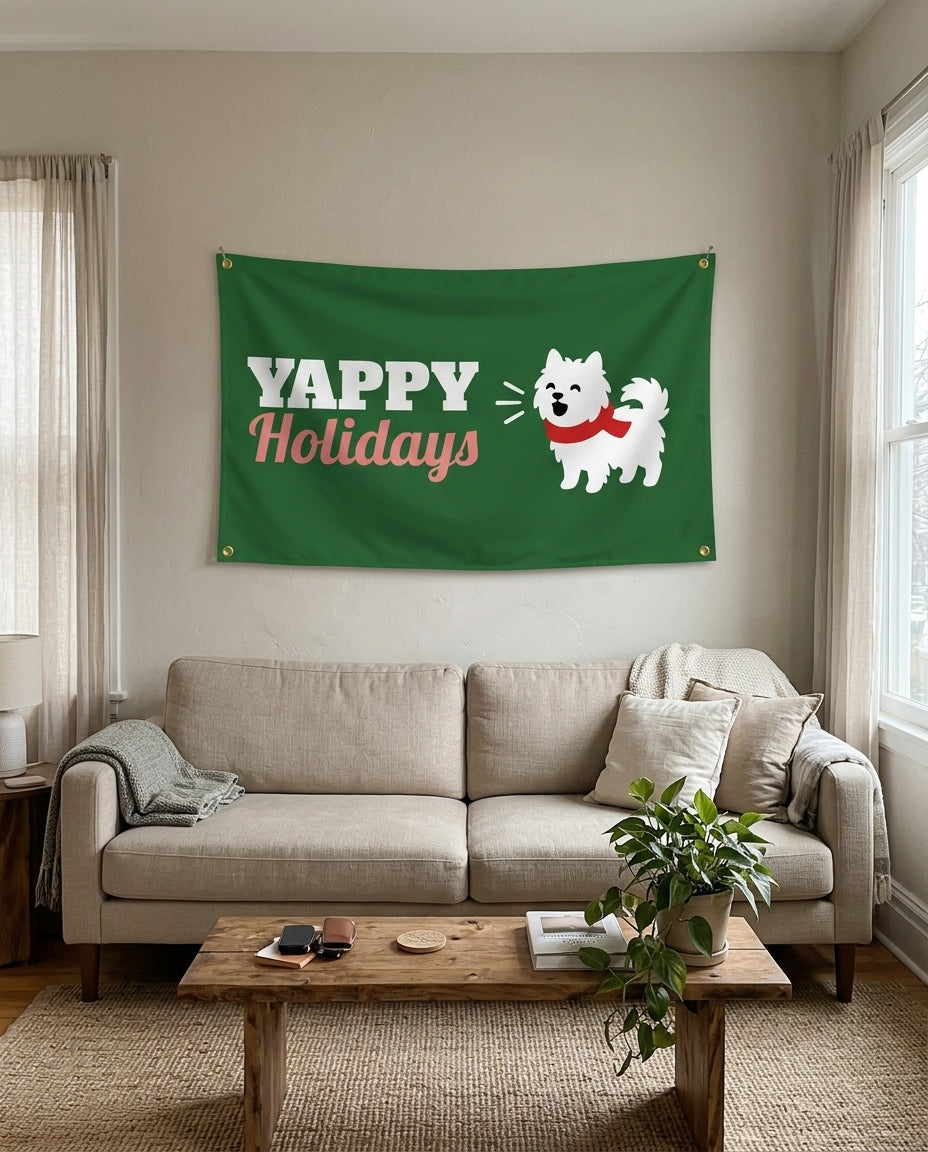 Yappy Holidays flag used as living room wall decor