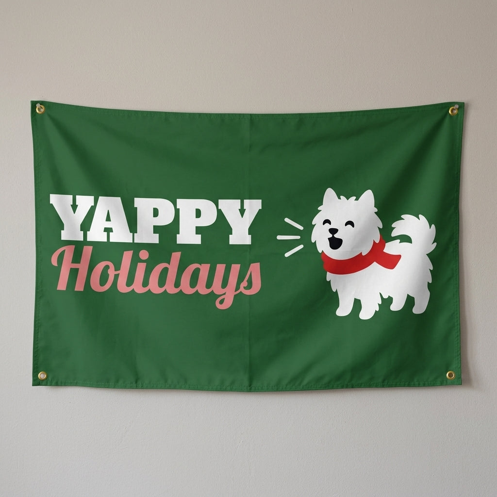 Yappy Holidays flag 3x5 in green with a barking dog in a scarf, hung on a wall