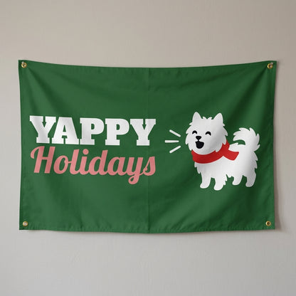 Yappy Holidays flag 3x5 in green with a barking dog in a scarf, hung on a wall