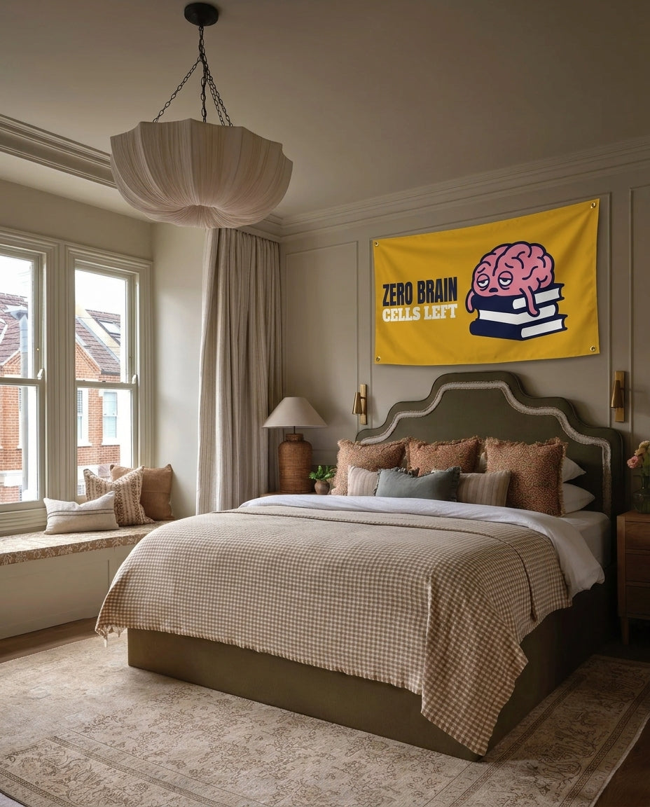 Zero Brain Cells Left dorm wall flag hanging in a bedroom