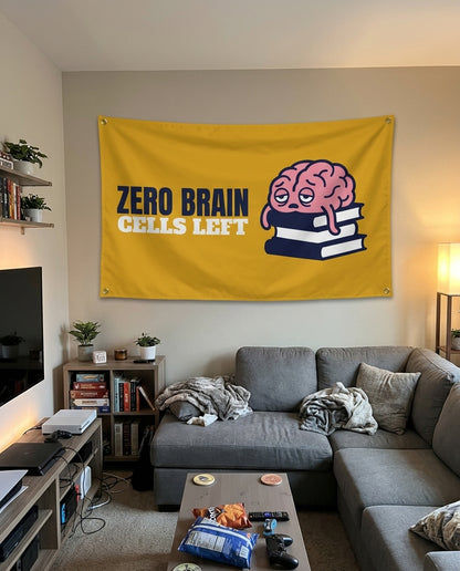 Zero Brain Cells Left flag decorating a game room wall