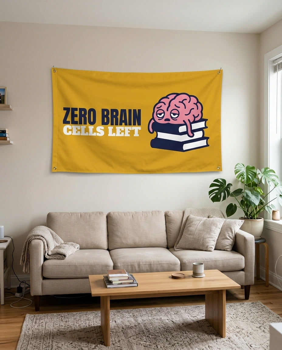 Zero Brain Cells Left flag used as living room wall decor